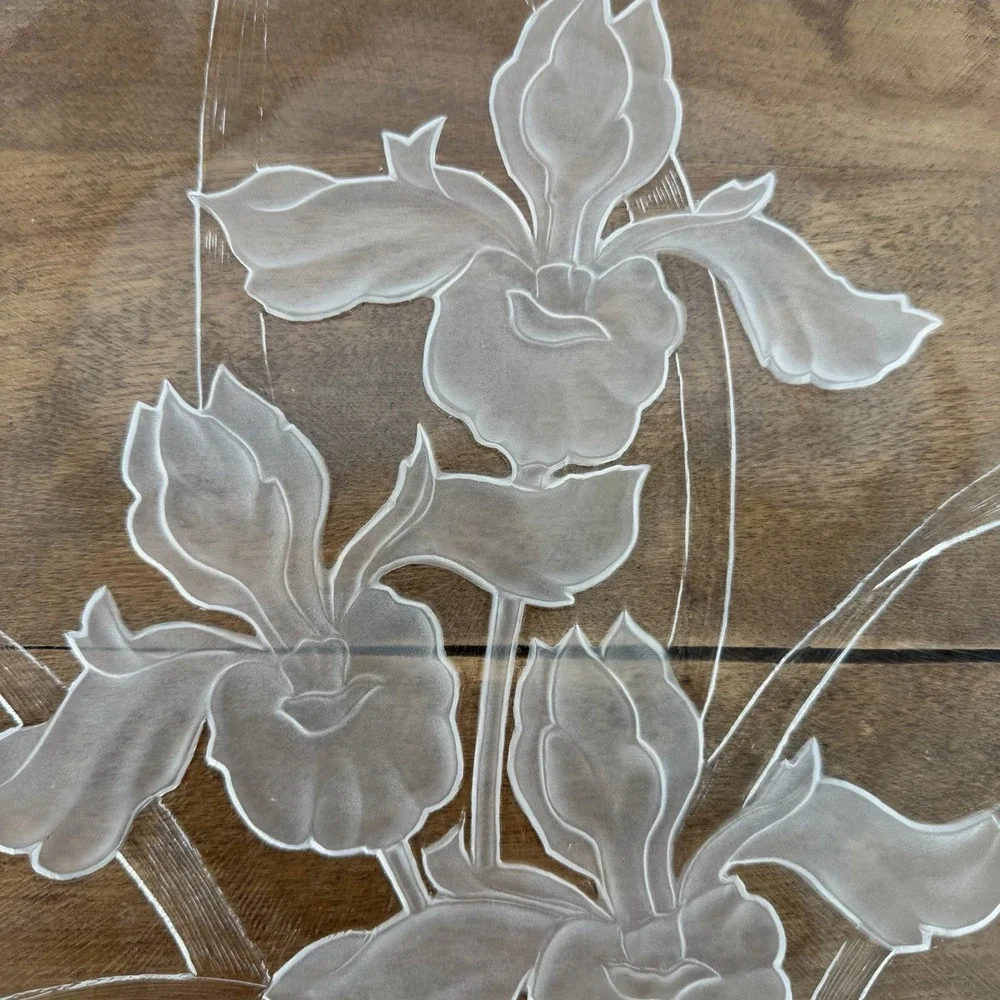 Vintage Dorothy Thorpe Sand Etched Glass‎ Iris Platter MCM Serving Plate 12